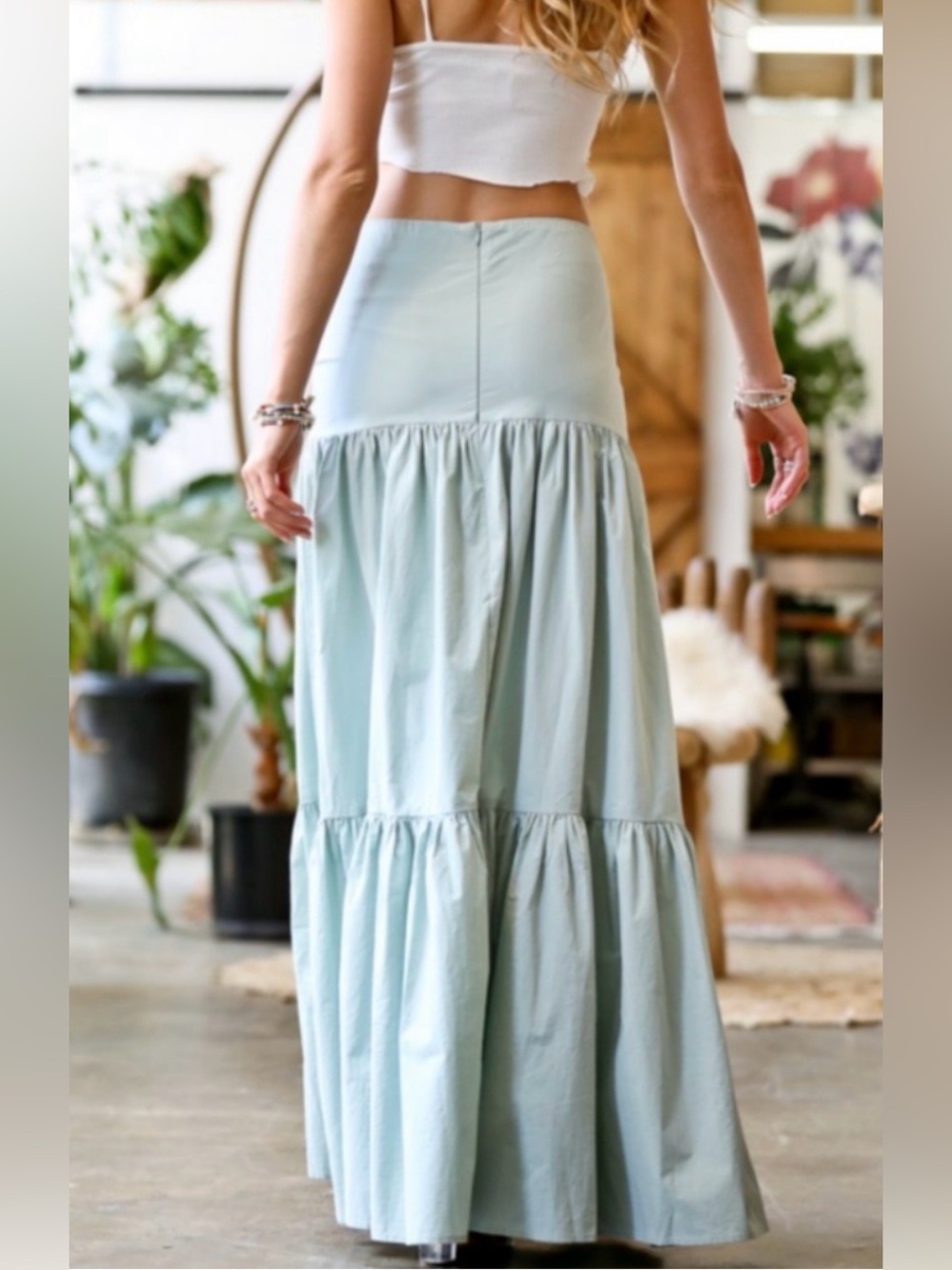 Mazik Top Tier Light Sage Green Tiered Ruffle Maxi Skirt Size Large - Picture 2 of 15